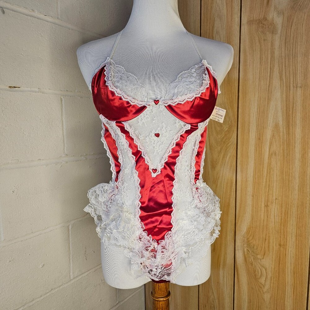 NWT Frederick's of Hollywood Red Satin & White Ruffled Lace Alt Showgirl Teddy